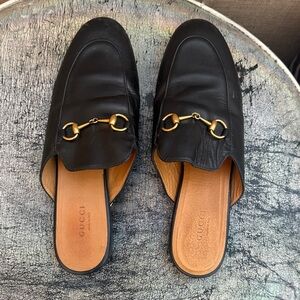 Gucci Brixton / Princetown Mules Black Leather Horsebit Slip-On Loafers